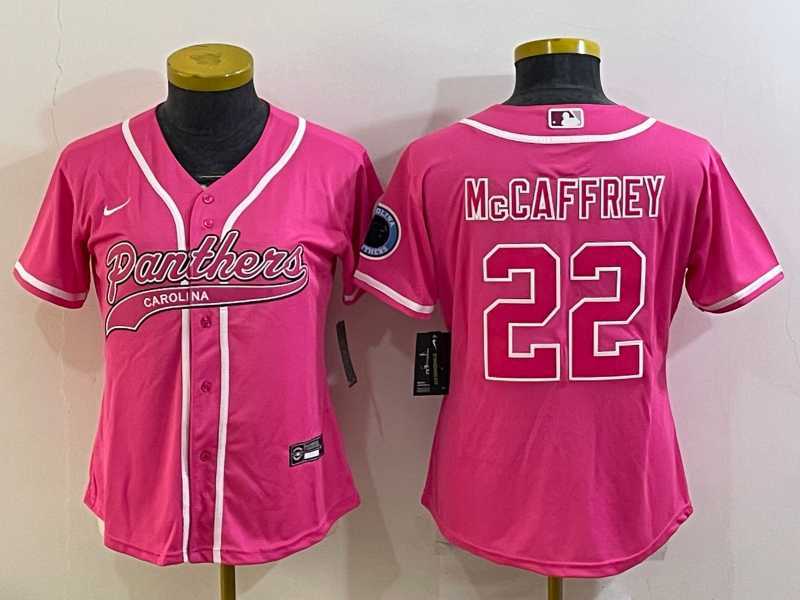 Women%27s Carolina Panthers #22 Christian McCaffrey Pink With Patch Cool Base Stitched Baseball Jersey